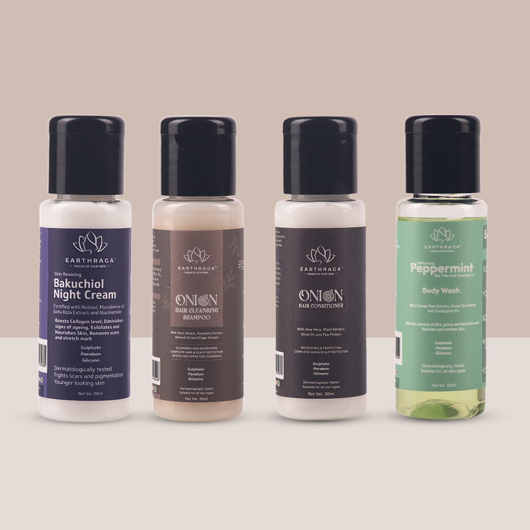 Earthraga Travel Kit - Bakuchiol Night Cream l Onion Hair Cleansing Shampoo and Conditioner l Refreshing Peppermint Body Wash l 30 ml l  + Free Mix Fruit Face Wash 30ml