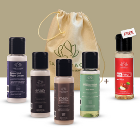 Earthraga Travel Kit - Bakuchiol Night Cream l Onion Hair Cleansing Shampoo and Conditioner l Refreshing Peppermint Body Wash l 30 ml l  + Free Mix Fruit Face Wash 30ml