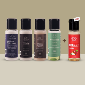 Earthraga Travel Kit - Bakuchiol Night Cream l Onion Hair Cleansing Shampoo and Conditioner l Refreshing Peppermint Body Wash l 30 ml l  + Free Mix Fruit Face Wash 30ml